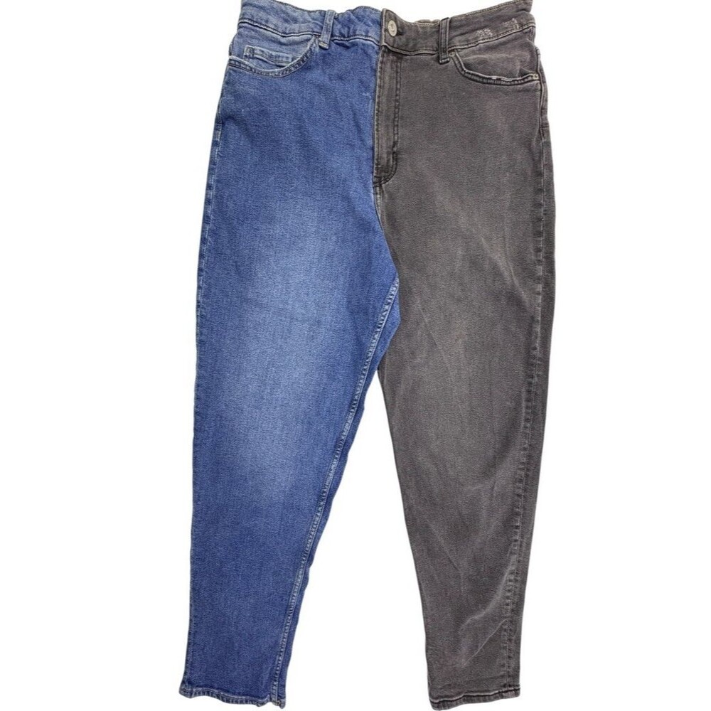 H&M Divided Split Color Two Tone Mom Jeans Blue Black Y2K Ultra High Rise 14